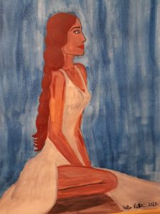 Vesivärimaalaus istuvasta, pitkä- ja tummahiuksisesta naisesta, jolla on yllään valkoinen, hihaton, pitkä mekko. Tausta on sininen.