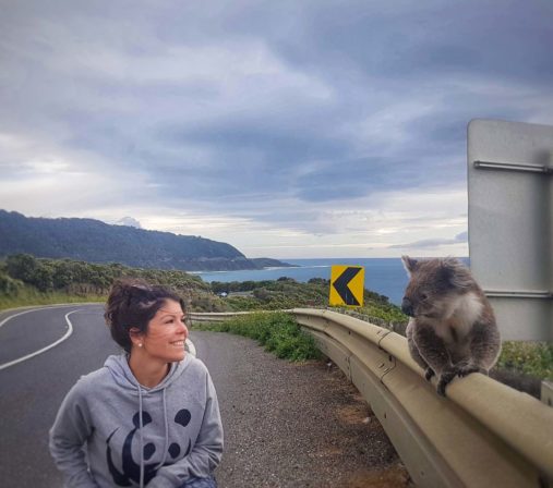 Nainen seisoo autotien vieressä. Koala istuu aidan päällä. Taustalla merimaisema.